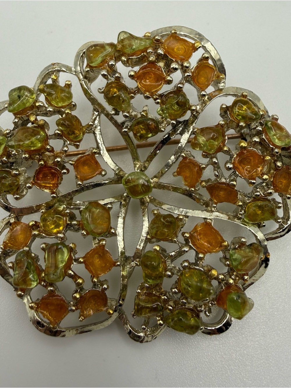 Vintage Gold Tone Amber Green Glass Floral Brooch Large 2” Statement Pin